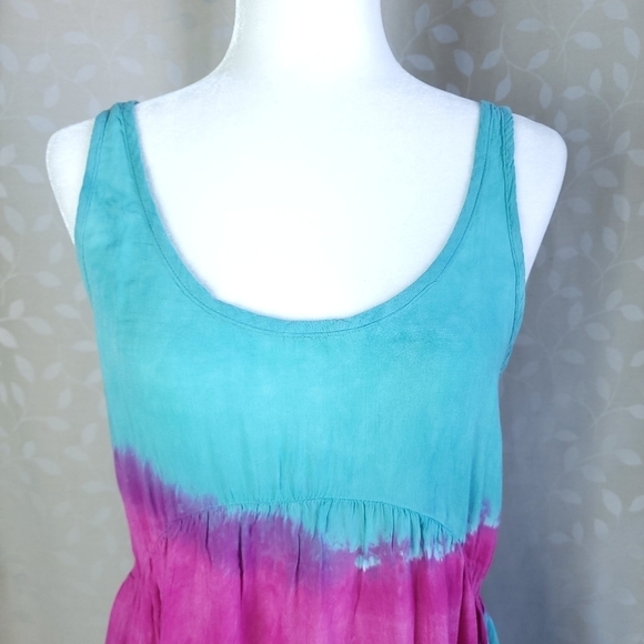 Blu Moon Revolve Tie Dye Mini Dress XS Teal Magenta Rayon Boho Festival - Picture 3 of 14